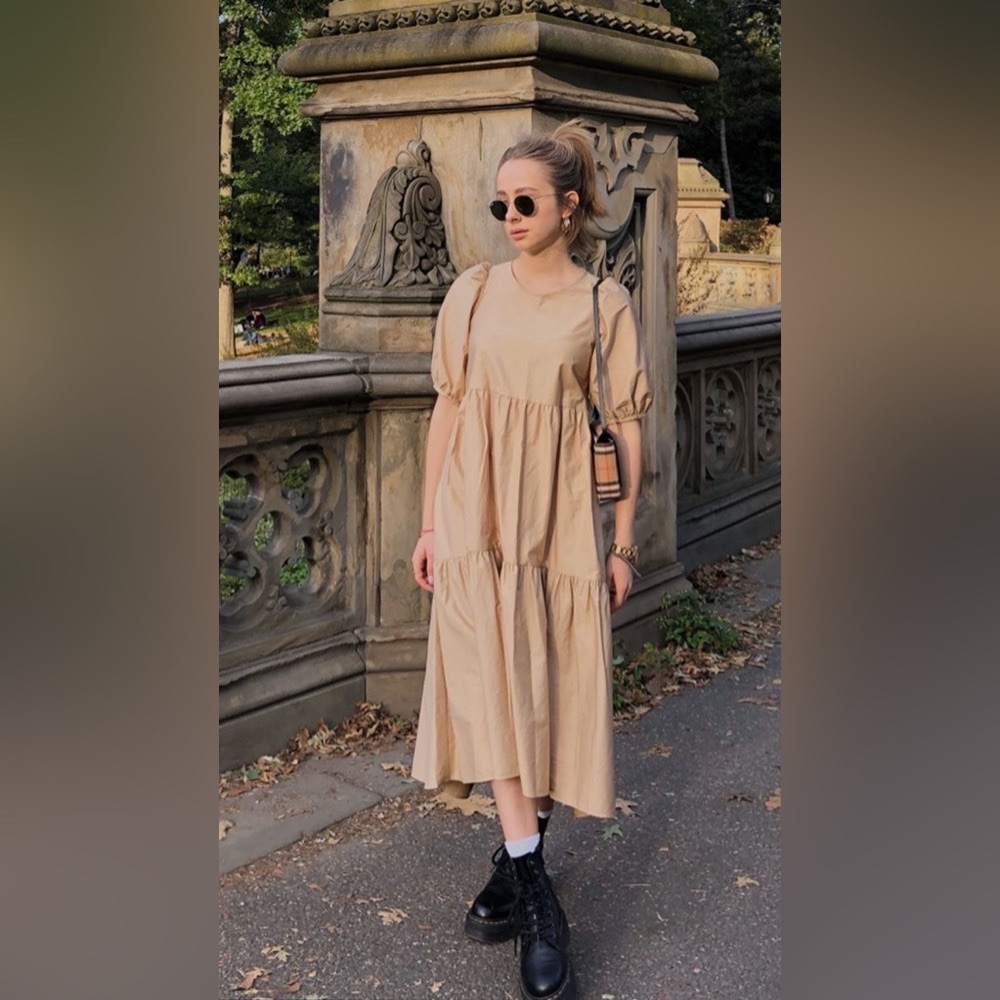 (Bloggers Fav) NWT That Viral Zara Asymmetric Tiered Camel / Beige Poplin Dress